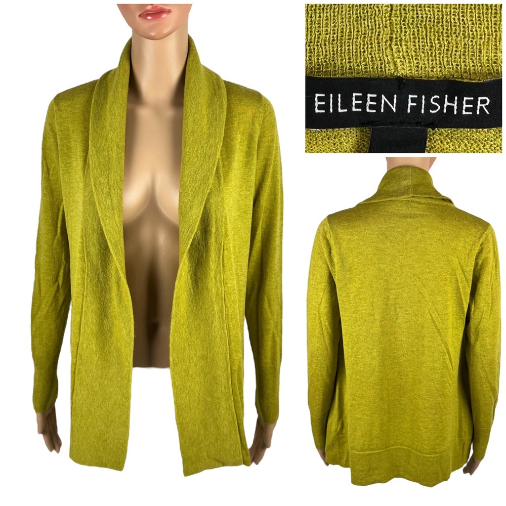Eileen Fisher Womens XS Cardigan Sweater Tencel Merino Wool Alpaca Green EUC